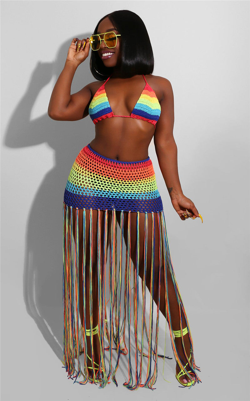 Rainbow Crochet Tassel Sexy 2 Piece Set