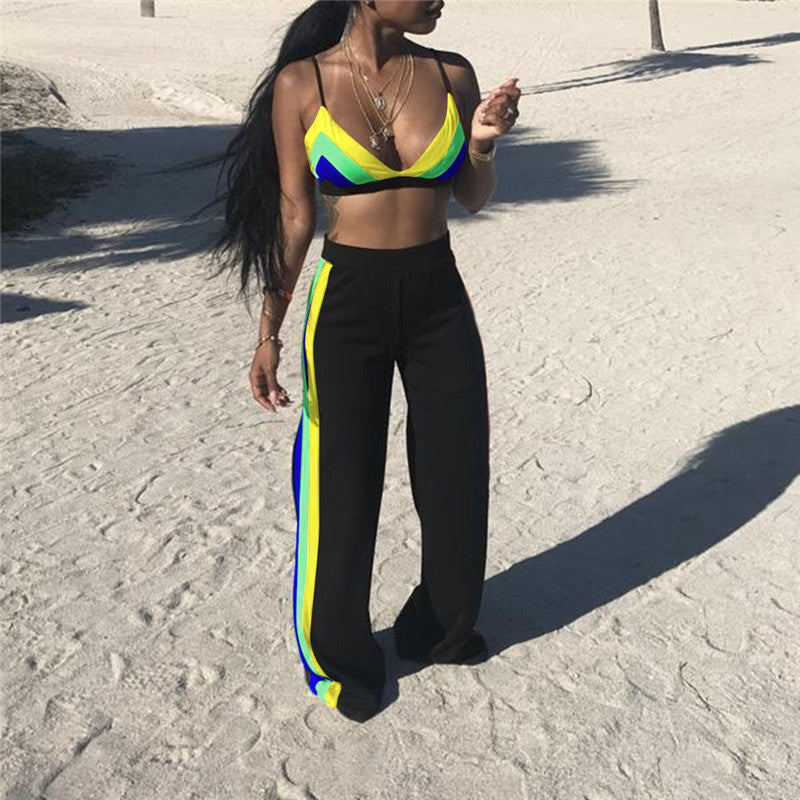Rainbow Striped Wrap Chest Wide Legs Two Piece Set
