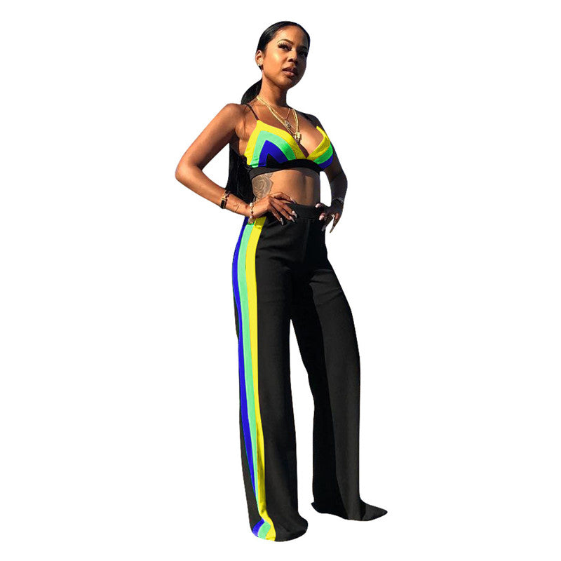 Rainbow Striped Wrap Chest Wide Legs Two Piece Set