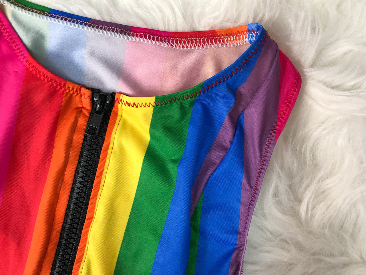Conservative Zipper Split Swimsuit Two-piece Rainbow Stripes