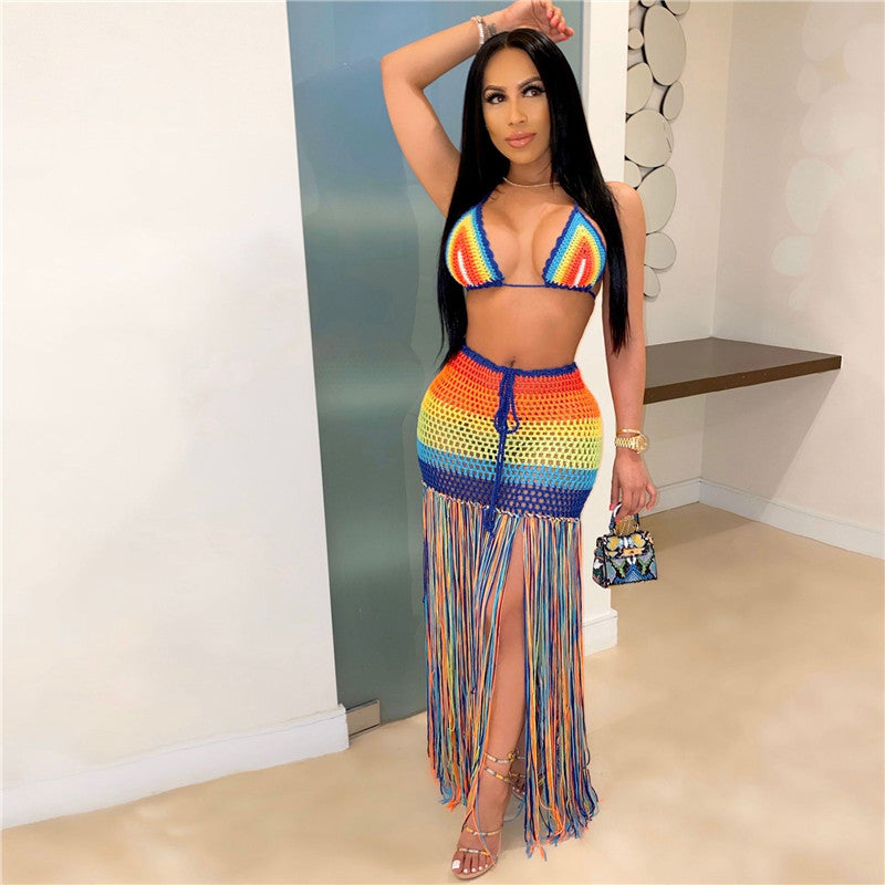 Rainbow Crochet Tassel Sexy 2 Piece Set