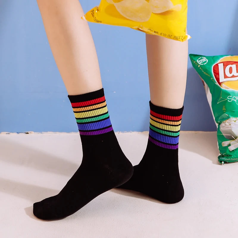 Instime Unisex Rainbow Stripes Mid Men Socks