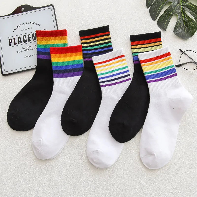 Instime Unisex Rainbow Stripes Mid Men Socks