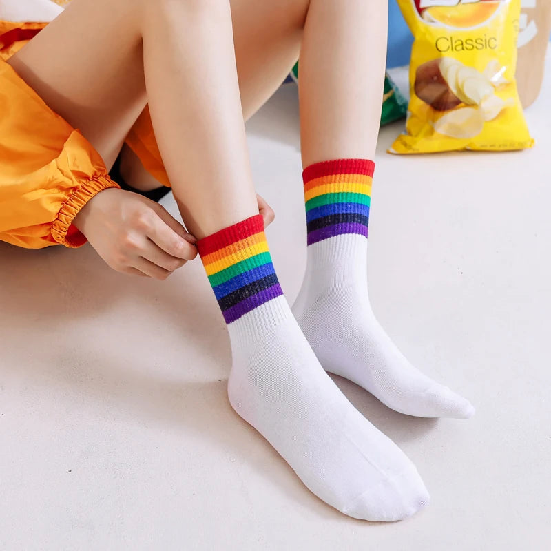 Instime Unisex Rainbow Stripes Mid Men Socks
