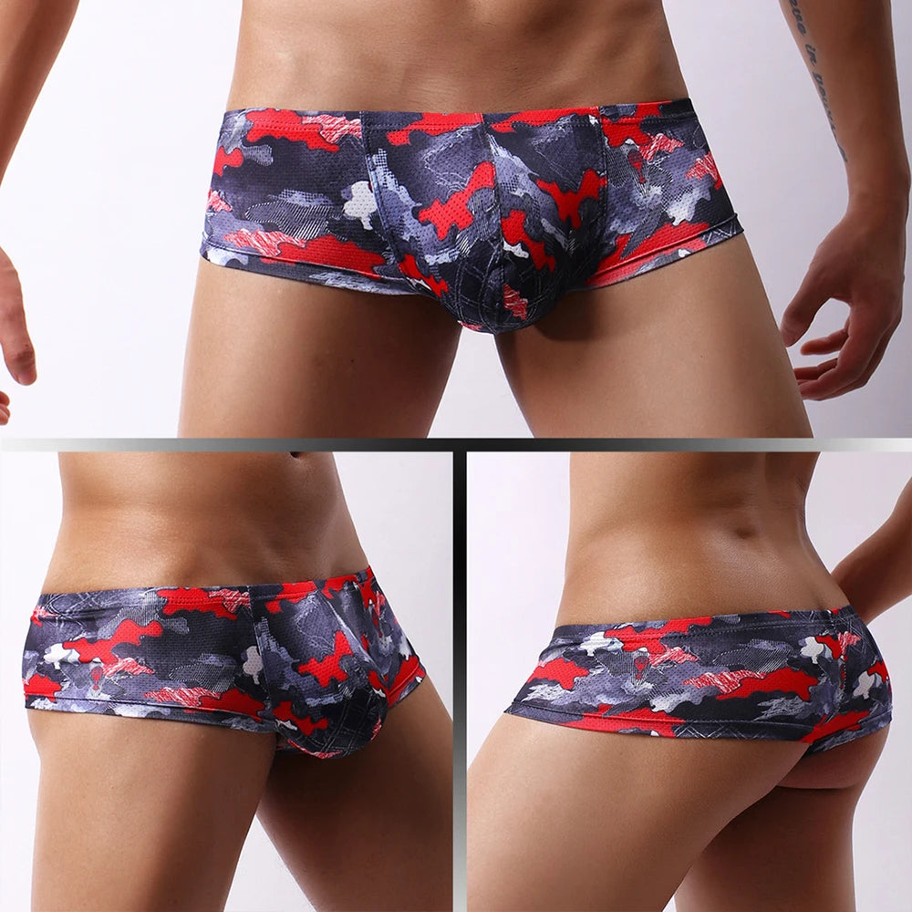 Men Underwear Sexy Low Waist U Convex Bulge Pouch Briefs Printed Mesh Male Panties Cueca Tanga Comfortable Soft Underpants