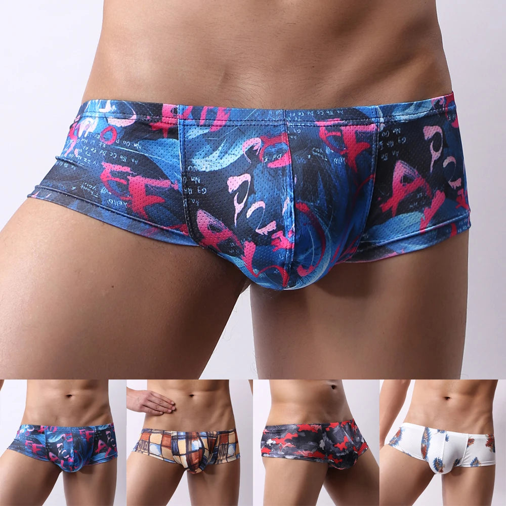 Men Underwear Sexy Low Waist U Convex Bulge Pouch Briefs Printed Mesh Male Panties Cueca Tanga Comfortable Soft Underpants
