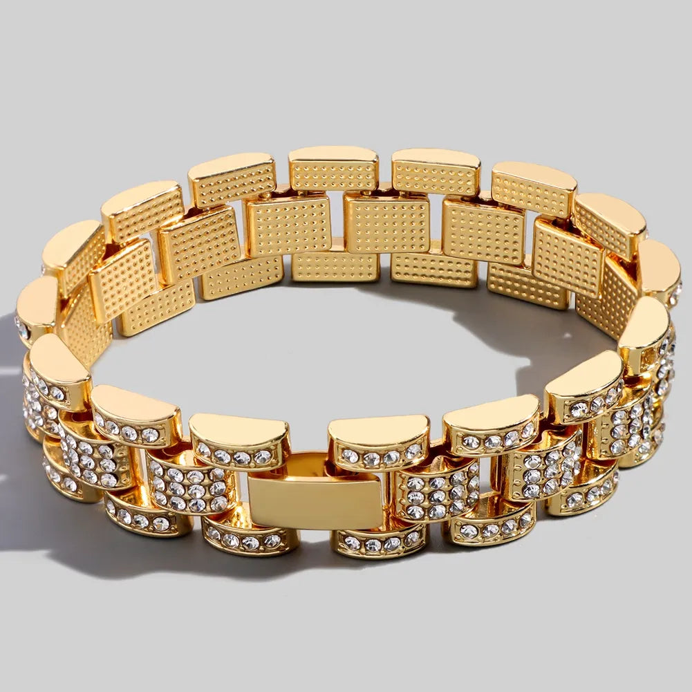 New Hip Hop Thick Miami Cuban Link Chain Bracelet For Men Iced Out Gold Silver Color Rhinestone Watchband Bracelet Jewelry
