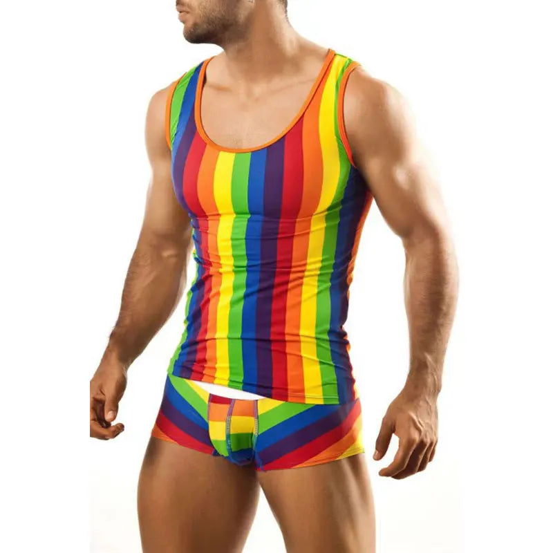 Men's Pajamas Set Rainbow Stripe Printed Sleeveless Tank Shirt Summer Daily Home Tight Sexy Shorts Set Men's Set 2-Piece Clothes