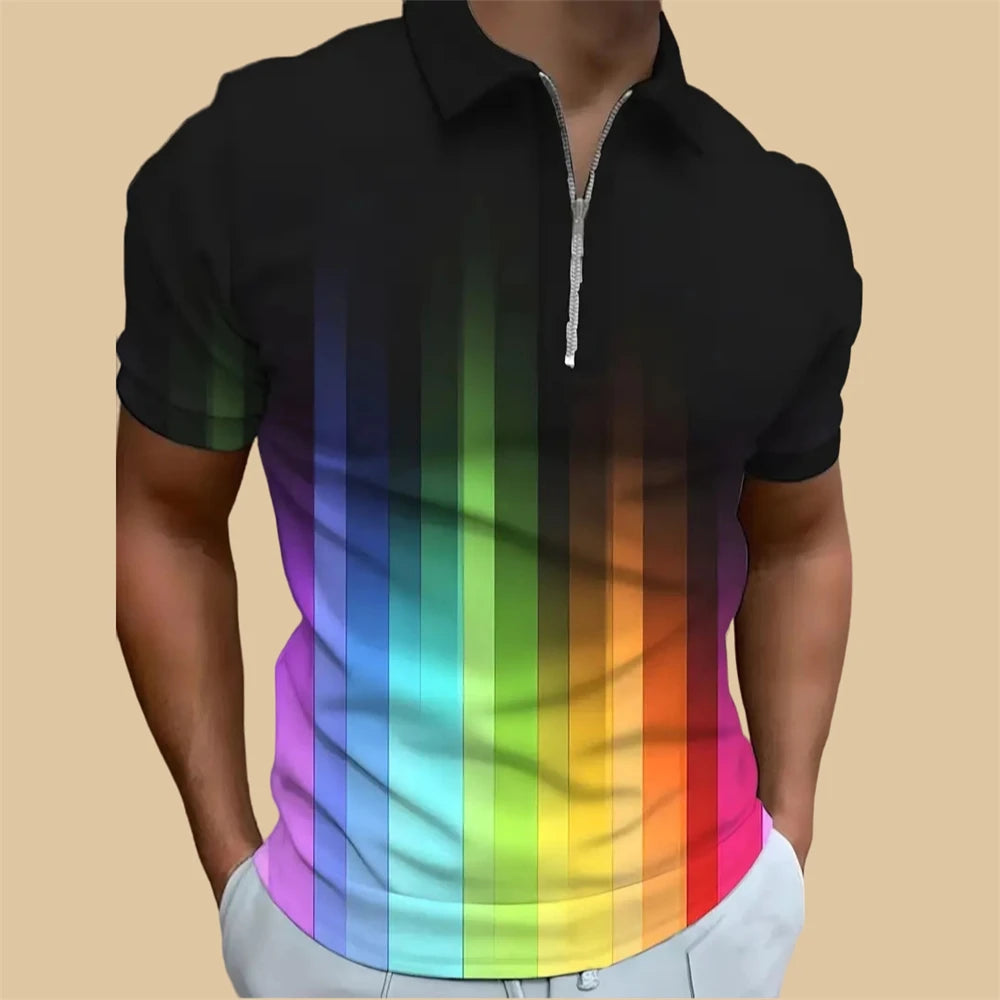 Rainbow Polo Shirt For Men Colorful Print Golf Top Tee Fashion Casual High Quality Zip Polo T-Shirt Loose Oversized Men Clothing