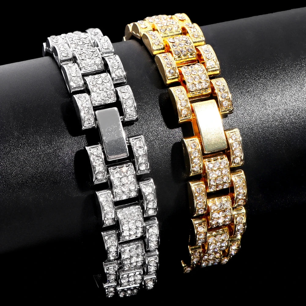New Hip Hop Thick Miami Cuban Link Chain Bracelet For Men Iced Out Gold Silver Color Rhinestone Watchband Bracelet Jewelry