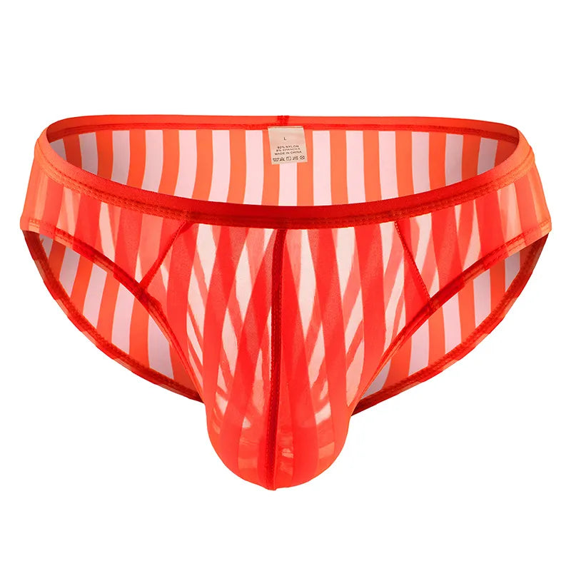 CLEVER-MENMODE Men's Sexy Striped Briefs Transparent Breathable Mesh Bikini U Convex Bulge Pouch Underwear