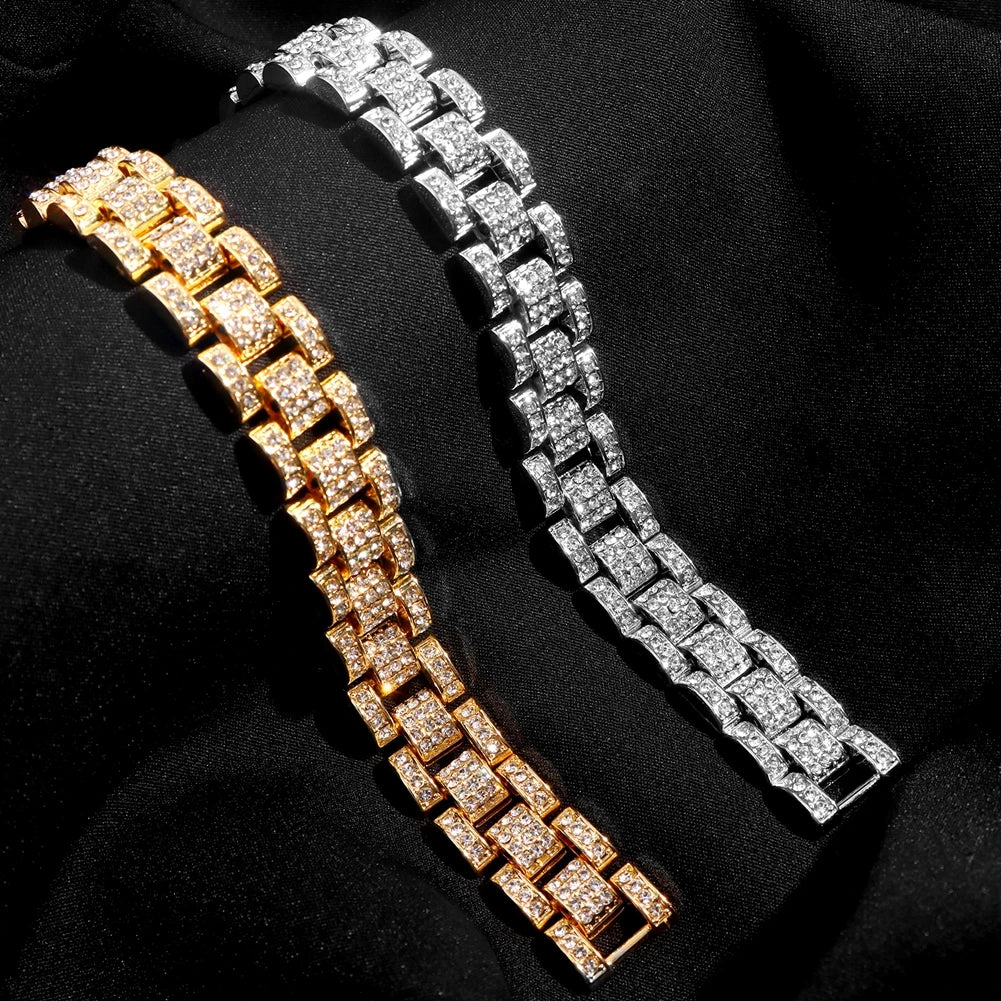 New Hip Hop Thick Miami Cuban Link Chain Bracelet For Men Iced Out Gold Silver Color Rhinestone Watchband Bracelet Jewelry