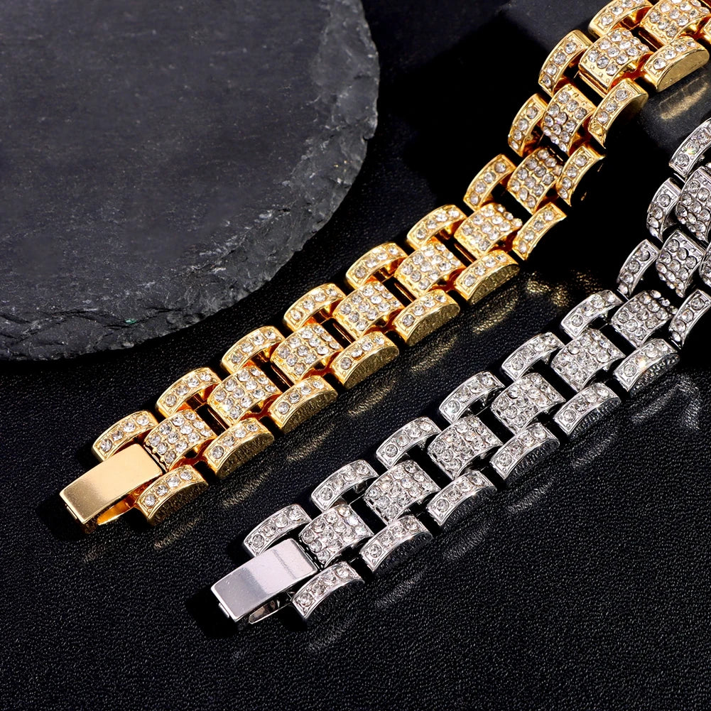 New Hip Hop Thick Miami Cuban Link Chain Bracelet For Men Iced Out Gold Silver Color Rhinestone Watchband Bracelet Jewelry