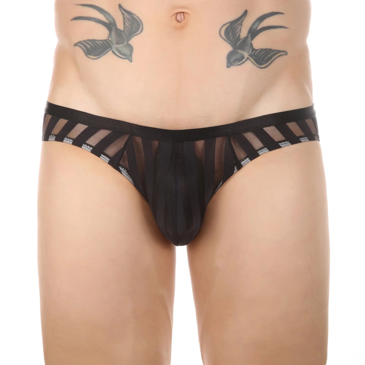CLEVER-MENMODE Men's Sexy Striped Briefs Transparent Breathable Mesh Bikini U Convex Bulge Pouch Underwear