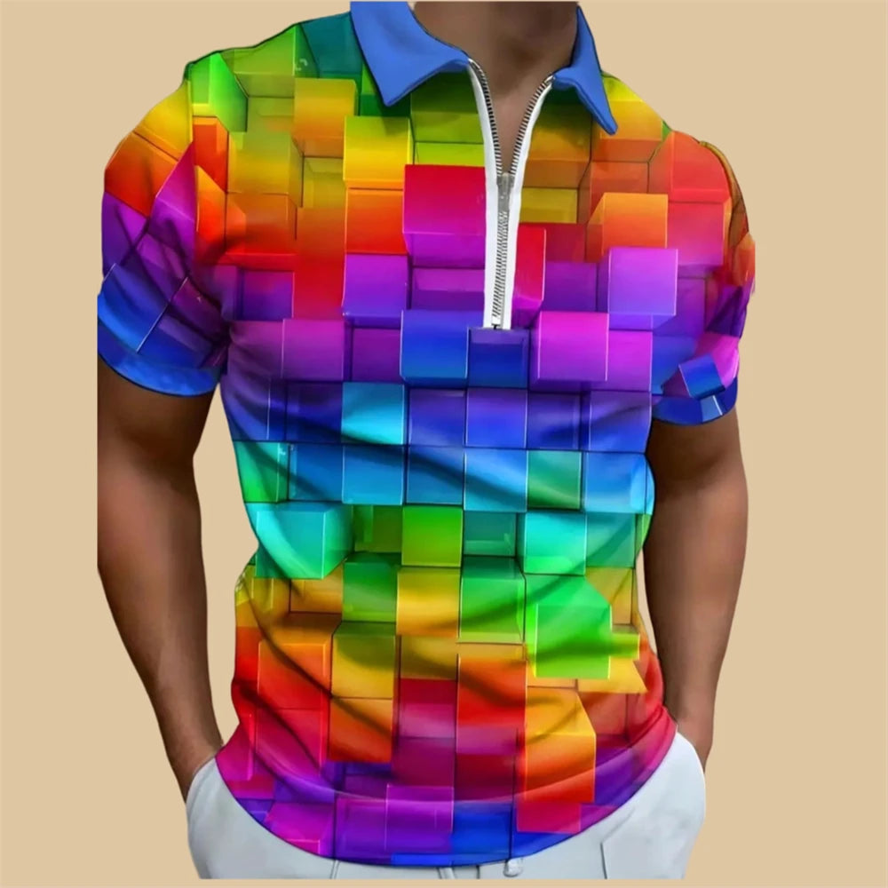Rainbow Polo Shirt For Men Colorful Print Golf Top Tee Fashion Casual High Quality Zip Polo T-Shirt Loose Oversized Men Clothing