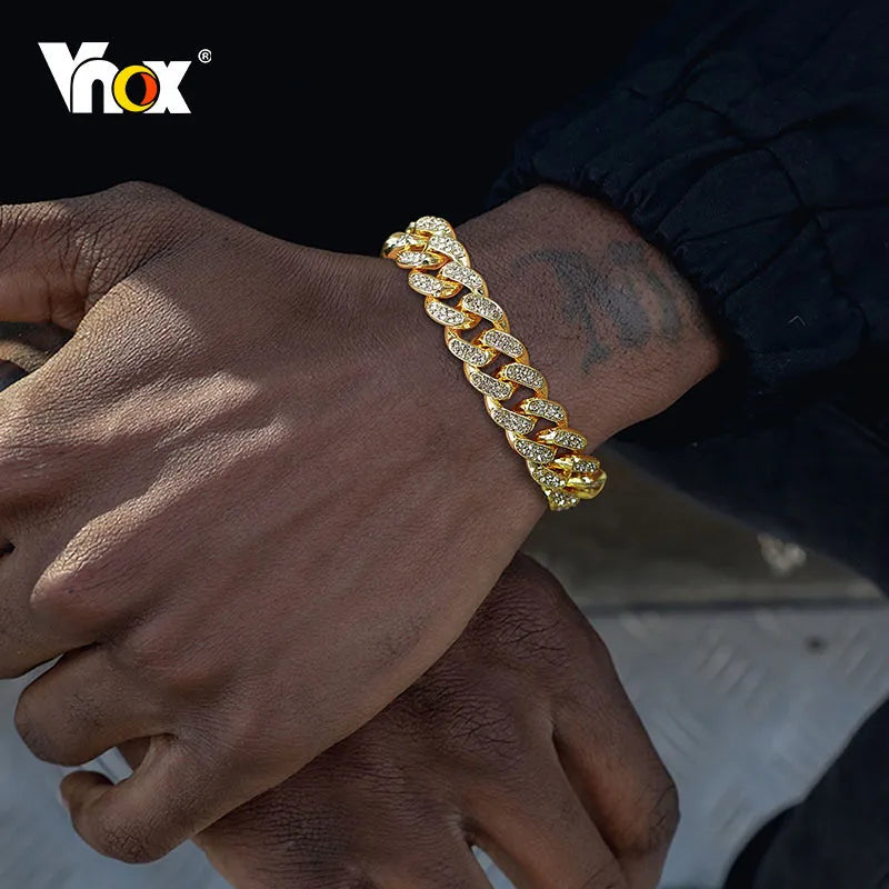 Vnox 12mm Bold Cuban Chain Bracelets for Men,Full Iced Out Rhinestones Links, Bling Crystal Curb Chain Punk Hiphop Bracelet