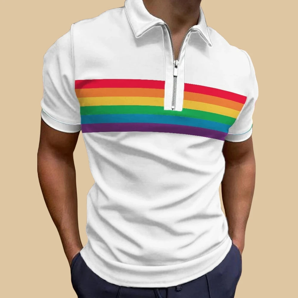 Rainbow Polo Shirt For Men Colorful Print Golf Top Tee Fashion Casual High Quality Zip Polo T-Shirt Loose Oversized Men Clothing