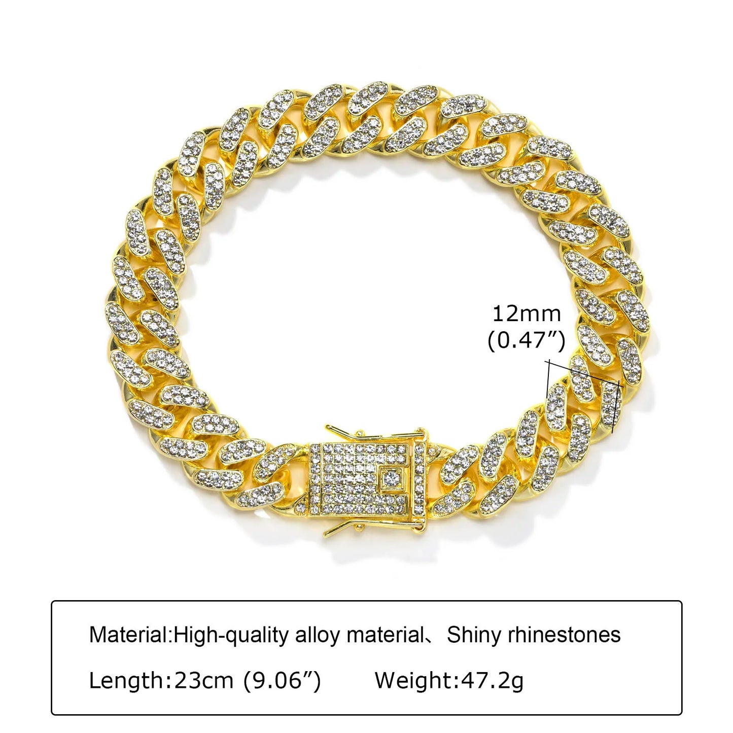 Vnox 12mm Bold Cuban Chain Bracelets for Men,Full Iced Out Rhinestones Links, Bling Crystal Curb Chain Punk Hiphop Bracelet