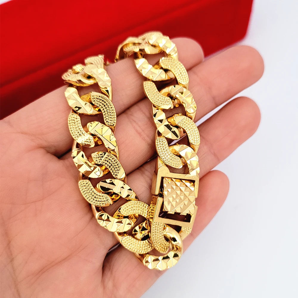 Yellow Gold Plated Bangle Bracelets For Man/Woman 12mm Horse Whip Chain Bracelet Wristband Pulseira Hip Hop Jewelry Accessories