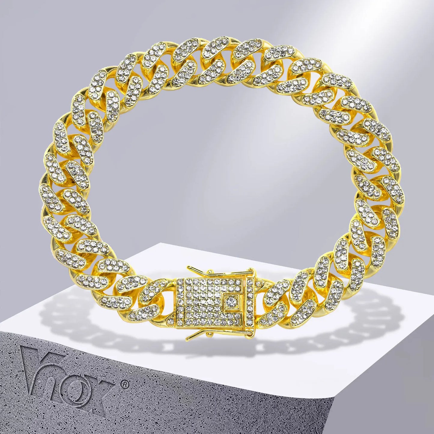 Vnox 12mm Bold Cuban Chain Bracelets for Men,Full Iced Out Rhinestones Links, Bling Crystal Curb Chain Punk Hiphop Bracelet