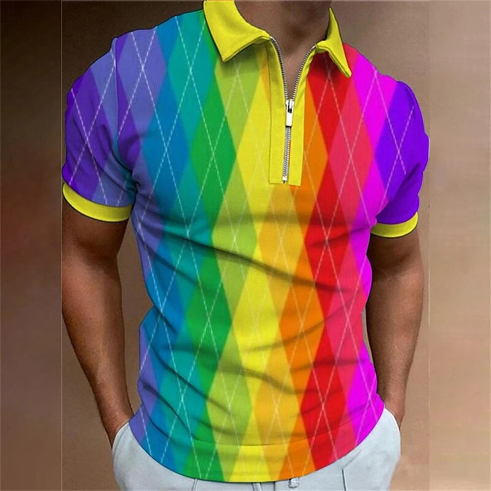 Rainbow Polo Shirt For Men Colorful Print Golf Top Tee Fashion Casual High Quality Zip Polo T-Shirt Loose Oversized Men Clothing