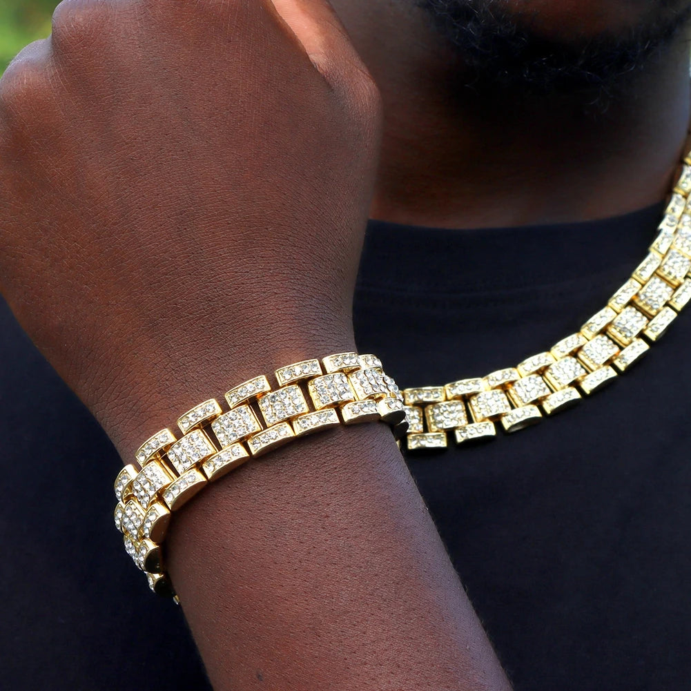 New Hip Hop Thick Miami Cuban Link Chain Bracelet For Men Iced Out Gold Silver Color Rhinestone Watchband Bracelet Jewelry