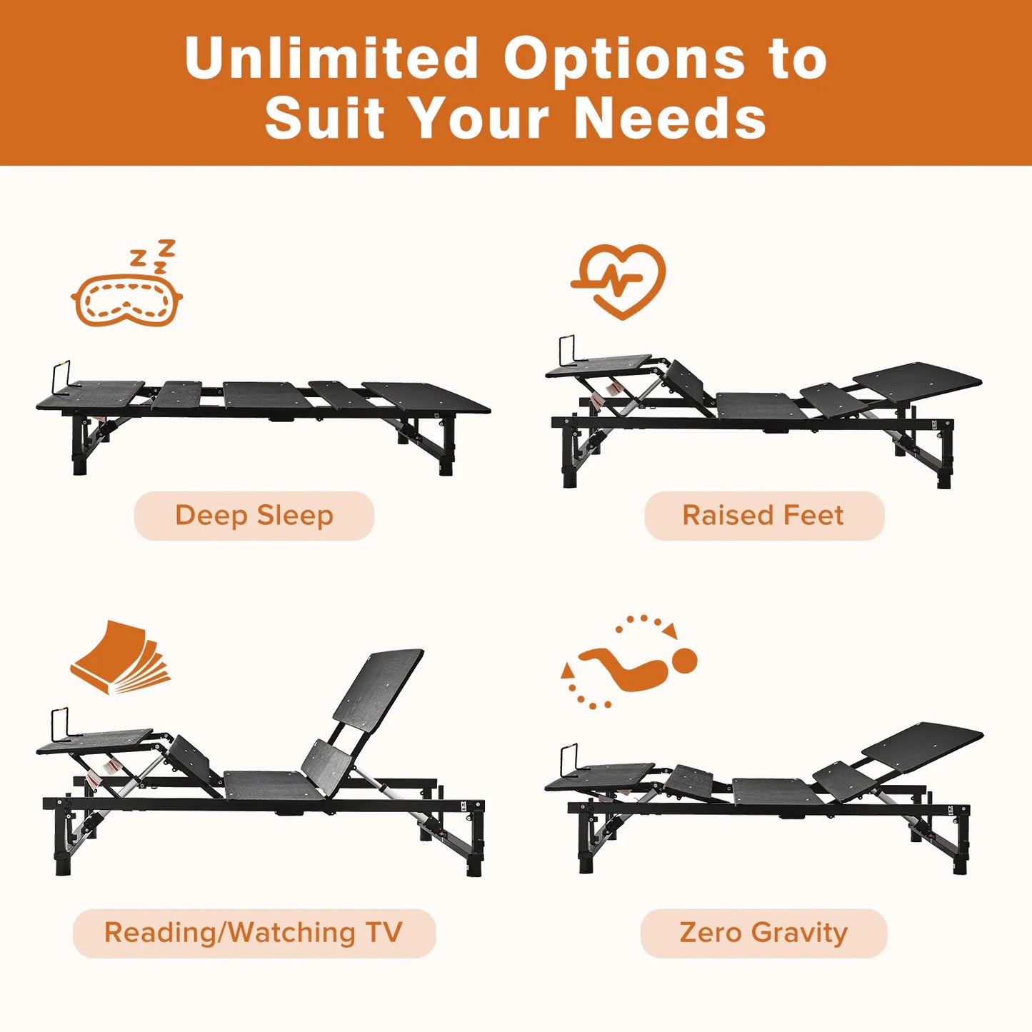 Adjustable Bed Base Frame Queen Bed Frame With Head And Foot Incline Wireless Remote Zero Gravity Quiet Motor Black Queen