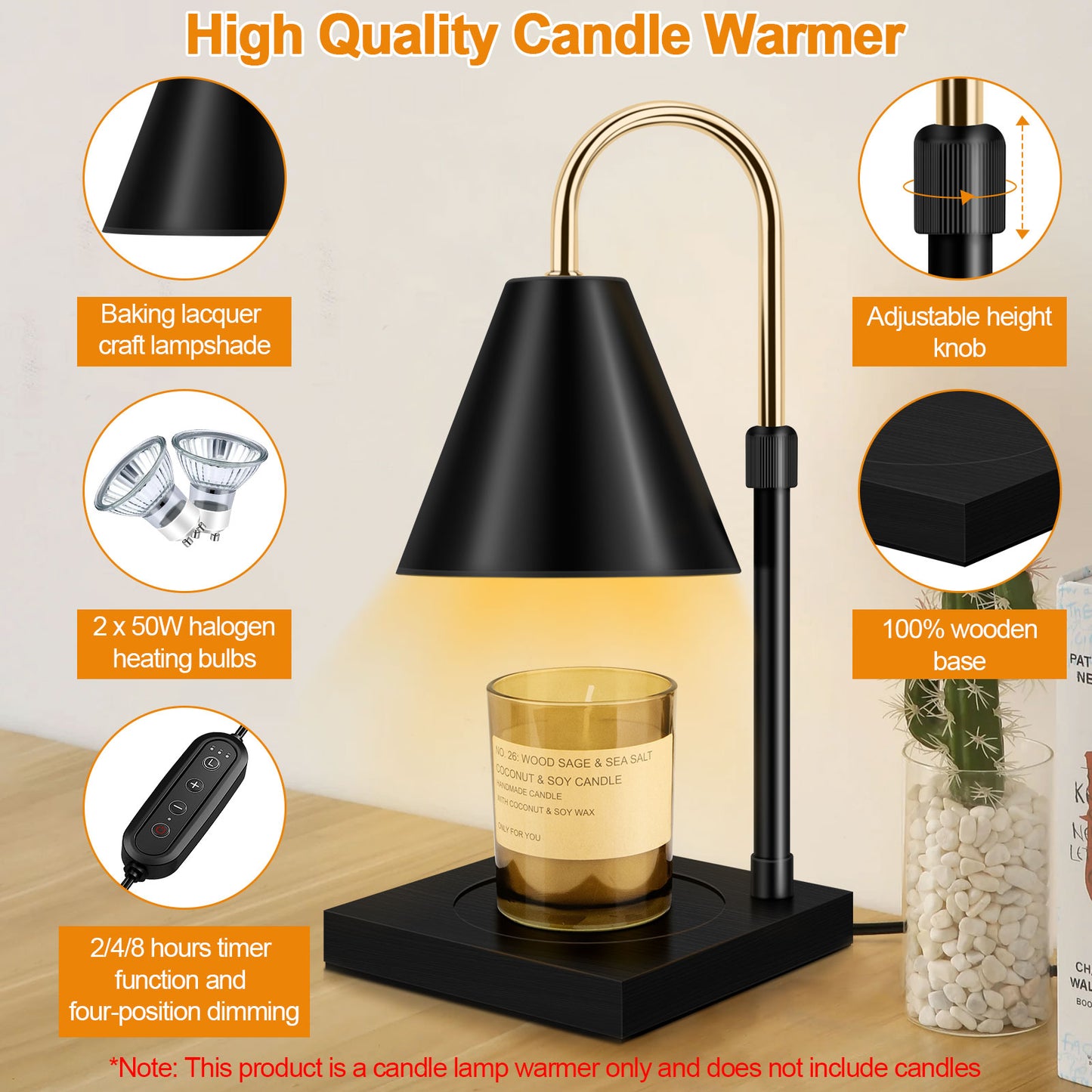 Candle Warmer, Candle Warmer Lamp With Timer Dimmable And Adjustable Height Candle Lamp Warmer Compatible With Jar Candles For Home Decor Electric Wax Melter Warmer, Wooden Base Black