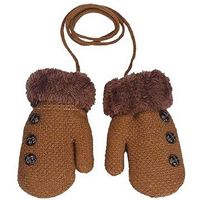 Children's Gloves Knitted And Velvet Gloves Double-Layer Thickening With Lanyard