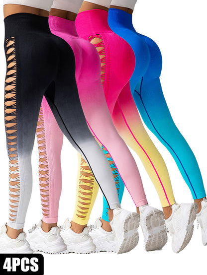 Women's 4 Pack Cut Out Ombre Gradient Color Hollow High-waist Yoga Pants