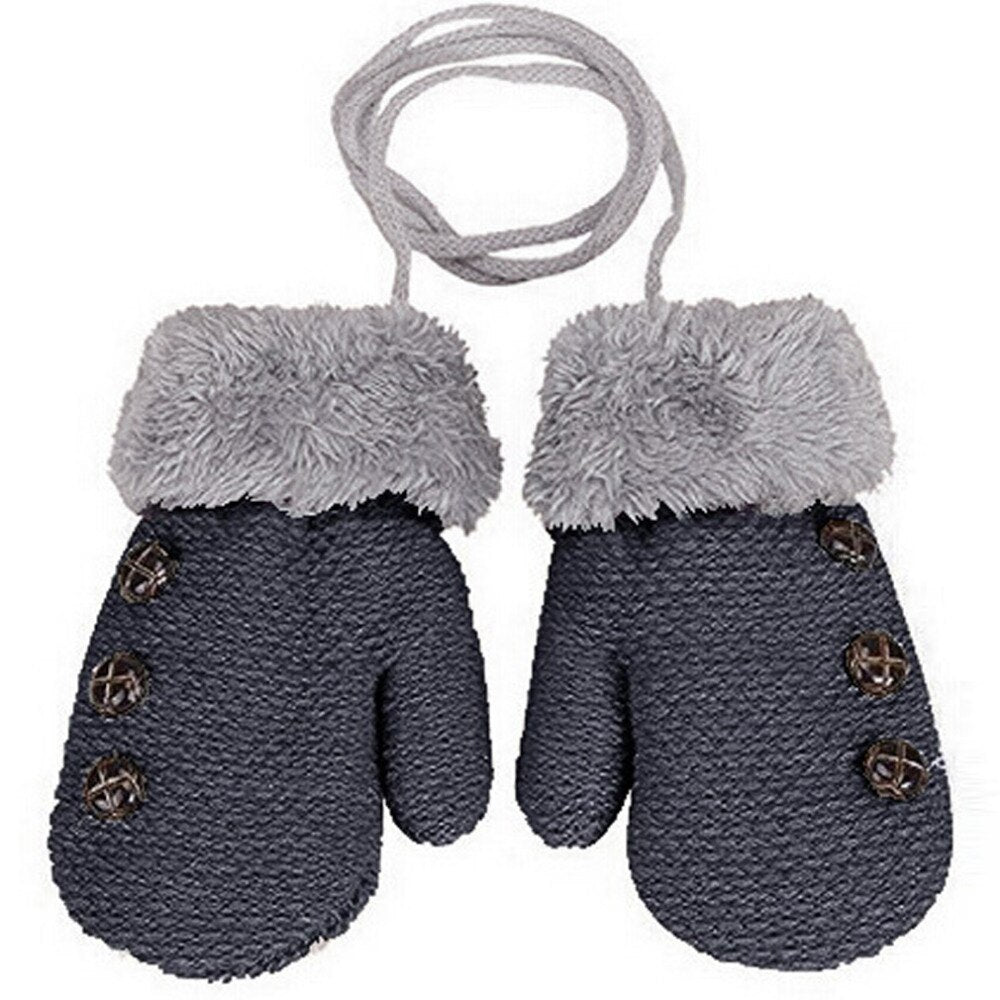 Children's Gloves Knitted And Velvet Gloves Double-Layer Thickening With Lanyard