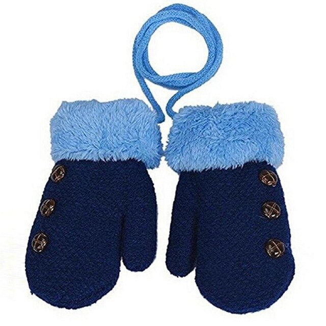 Children's Gloves Knitted And Velvet Gloves Double-Layer Thickening With Lanyard