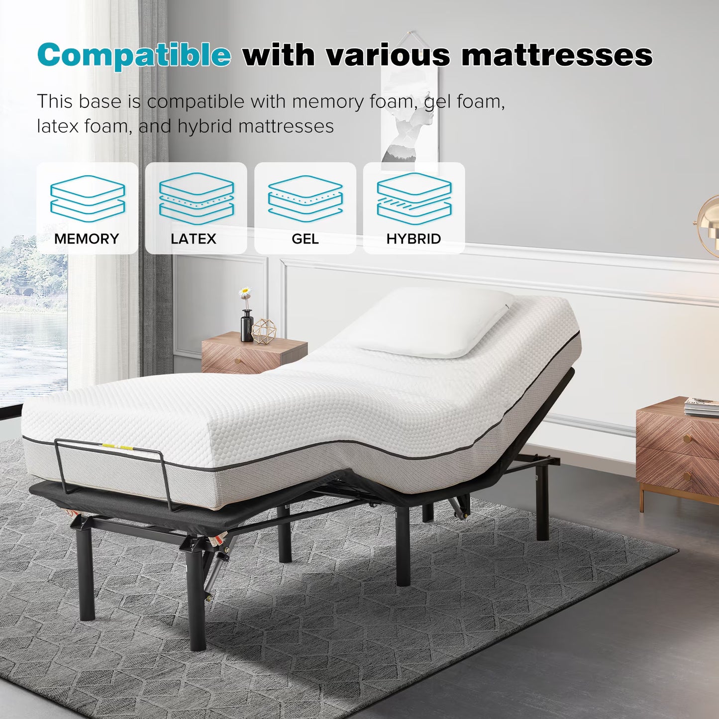 Twin Base Adjustable Bed Frame With Head And Foot Incline, Anti-Snore, Wireless Control, TXL