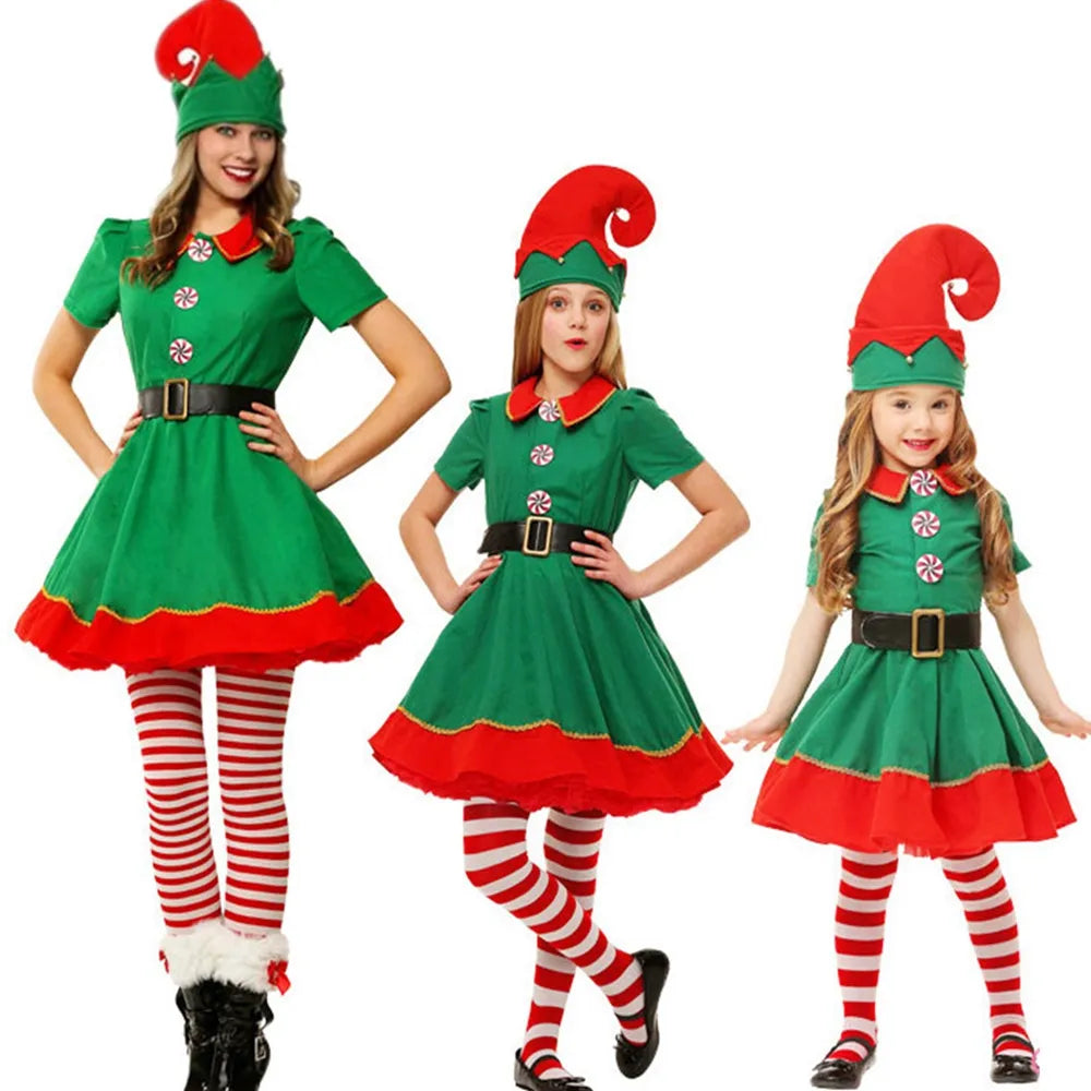 Christmas Santa Claus Costume Green Elf Cosplay Family Carnival Party New Year Fancy Dress Clothes Set For Men Women Girls Boys