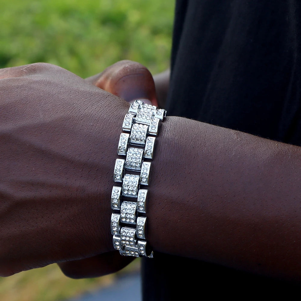 Nueva pulsera de cadena de eslabones cubanos de Miami gruesa de Hip Hop para hombres, pulsera de reloj con diamantes de imitación de Color dorado y plateado, joyería