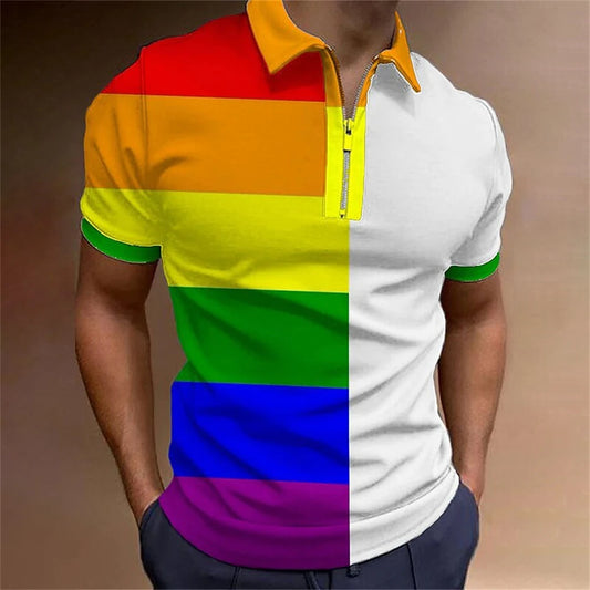 Rainbow Polo Shirt For Men Colorful Print Golf Top Tee Fashion Casual High Quality Zip Polo T-Shirt Loose Oversized Men Clothing