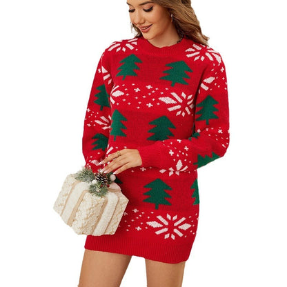 Christmas Pullover Jacquard Long Red