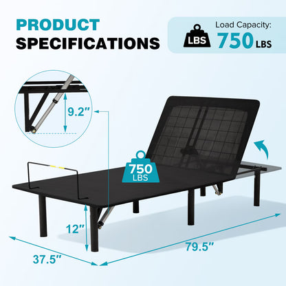 Twin Base Adjustable Bed Frame With Head And Foot Incline, Anti-Snore, Wireless Control, TXL