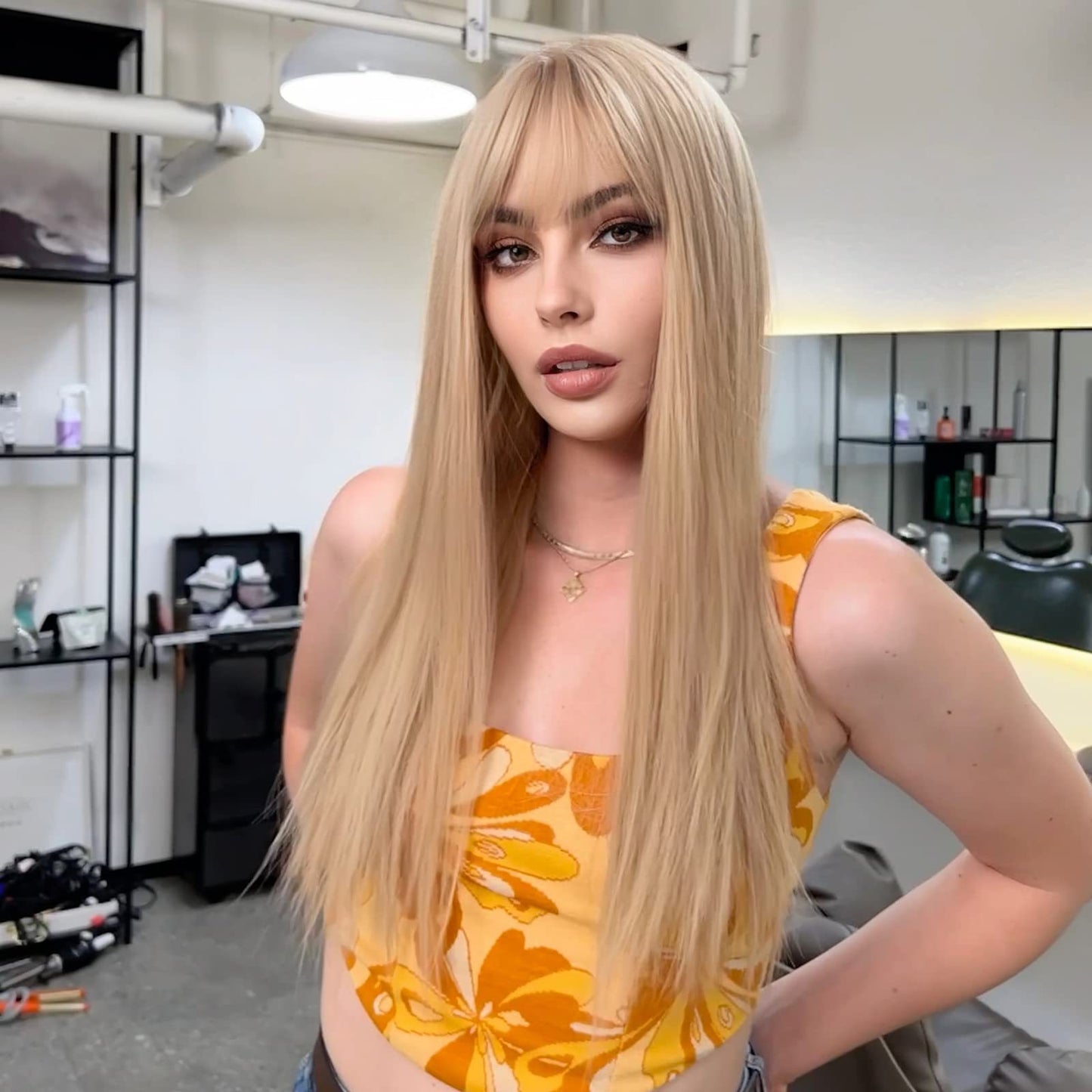 Qi Bangs Yellow Gradient Long Straight Hair