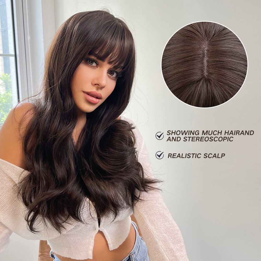 Long Brown Wigs With Bangs Wave Synthetic For Women